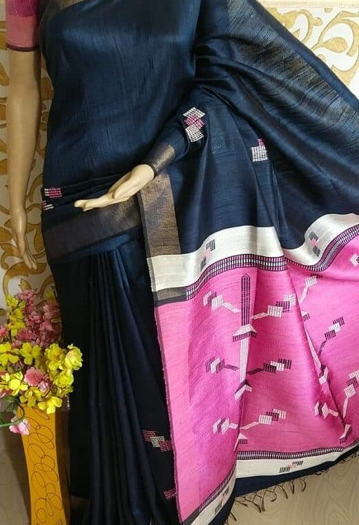 Gorgeous Black Pink Pure Tussar Dupion Raw Silk Handwoven Saree