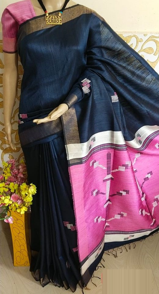 Gorgeous Black Pink Pure Tussar Dupion Raw Silk Handwoven Saree