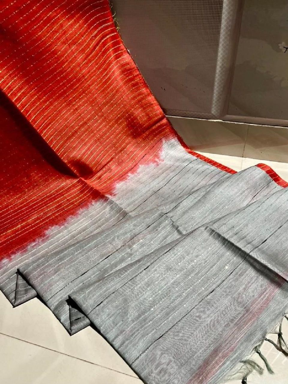 Graceful Orange Grey Blend Zari Stripe Kota Silk Saree