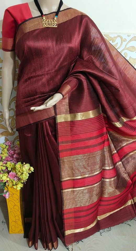 Impressive Maroon Red Pure Tussar Dupion Raw Silk Handwoven Saree