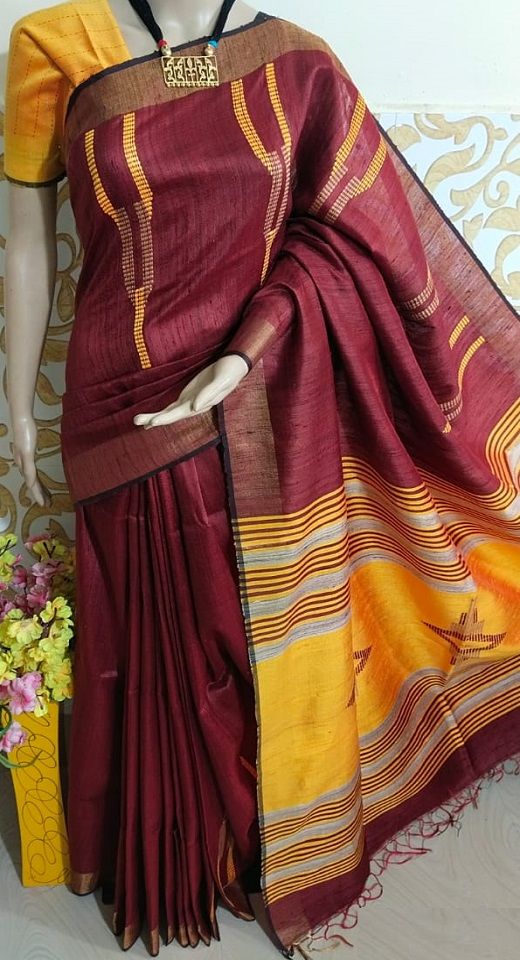 Lovely Burgundy Yellow Pure Tussar Dupion Raw Silk Handwoven Saree