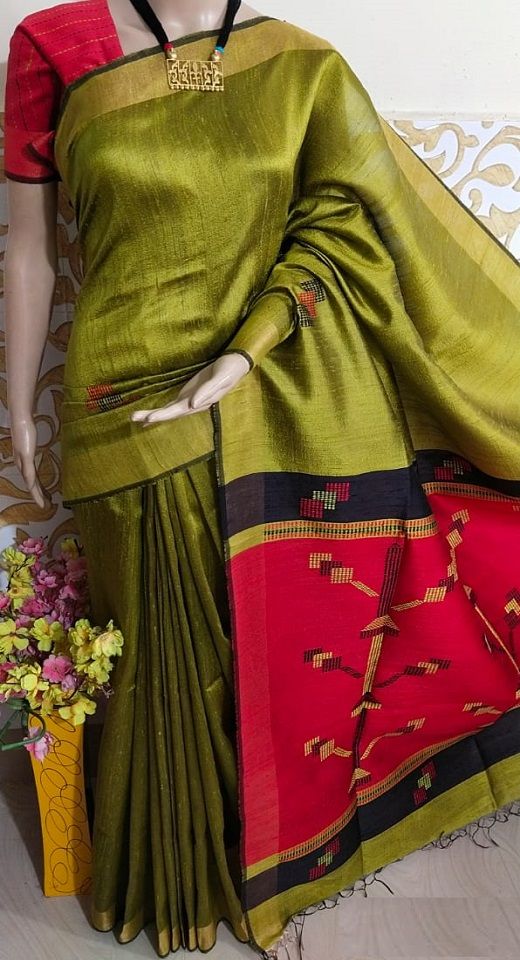 Luminous Mehendi Green Pure Tussar Dupion Raw Silk Handwoven Saree