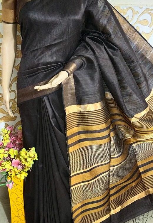 Majestic Black Pure Tussar Dupion Raw Silk Handwoven Saree