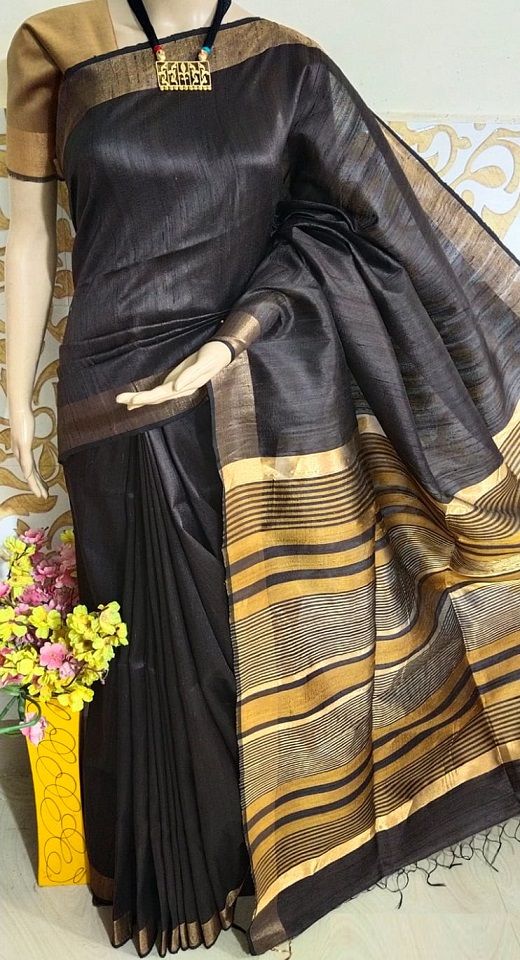 Majestic Black Pure Tussar Dupion Raw Silk Handwoven Saree