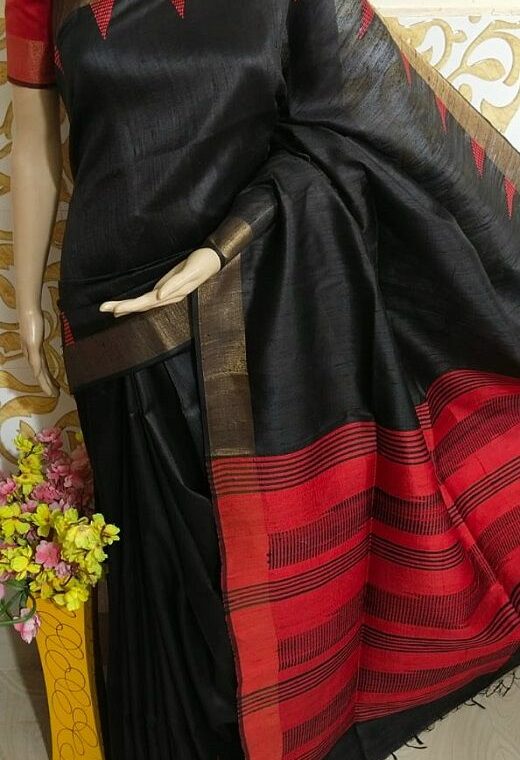 Marvellous Black Temple Pattern Pure Tussar Dupion Raw Silk Handwoven Saree