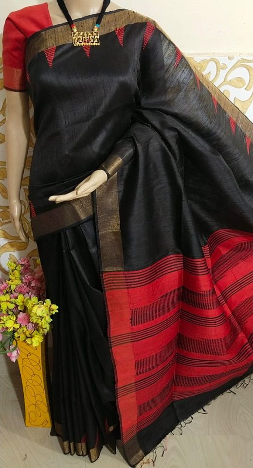 Marvellous Black Temple Pattern Pure Tussar Dupion Raw Silk Handwoven Saree