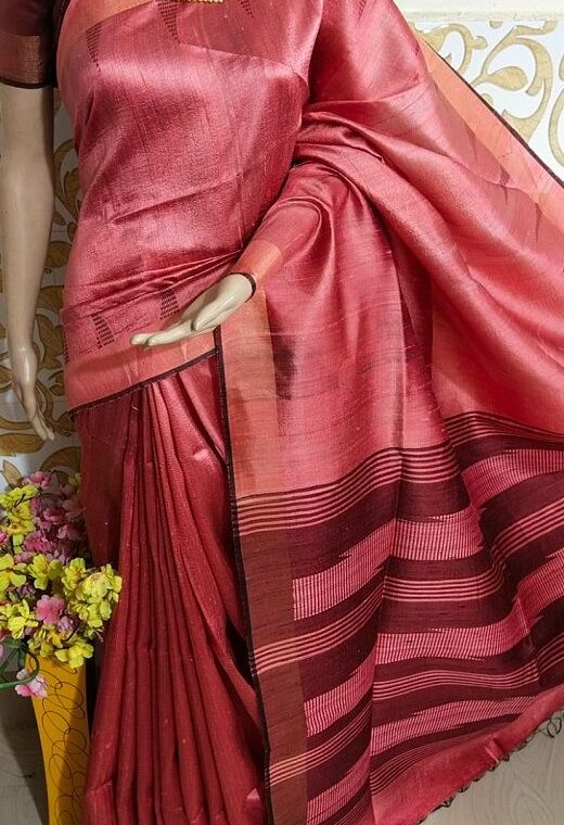 Mesmerizing Peach Pink Pure Tussar Dupion Raw Silk Handwoven Saree