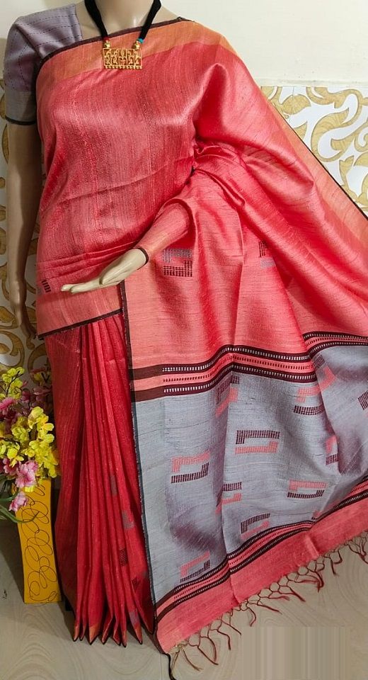 Pleasing Peach Pink Pure Tussar Dupion Raw Silk Handwoven Saree