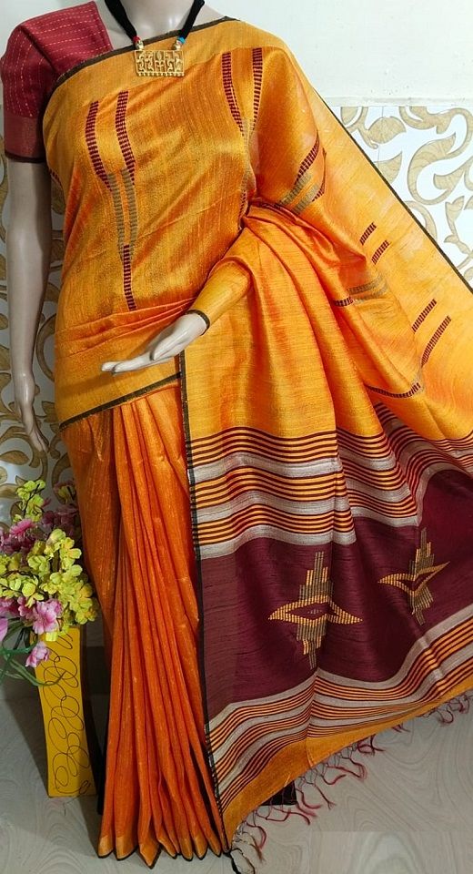 Radiant Golden Yellow Pure Tussar Dupion Raw Silk Handwoven Saree