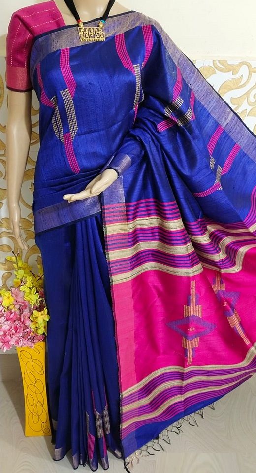 Rich Royal Pure Tussar Dupion Raw Silk Handwoven Saree