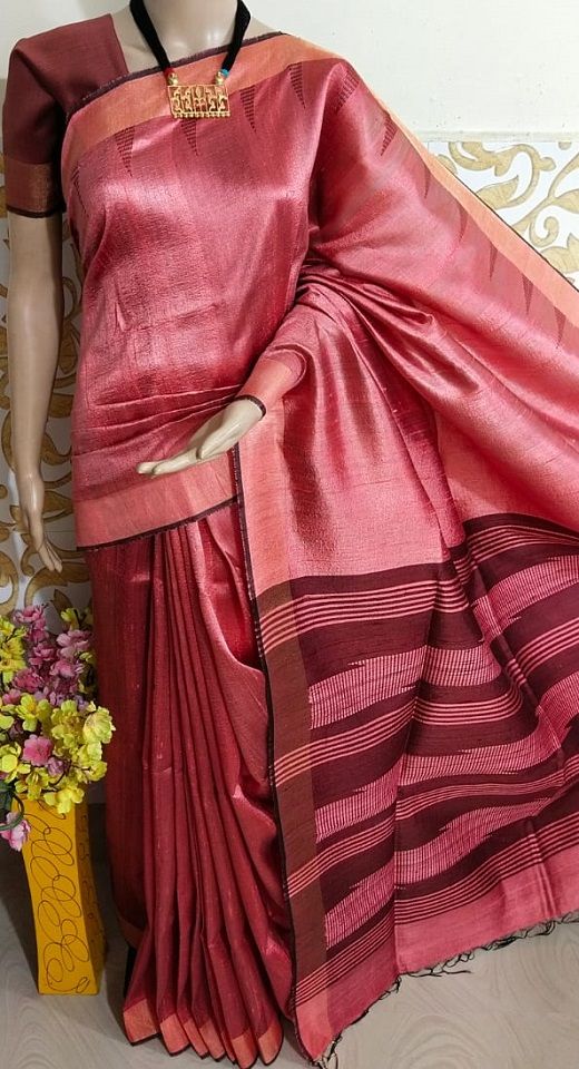 Sparkling Peach Pink Temple Pattern Pure Tussar Dupion Raw Silk Handwoven Saree