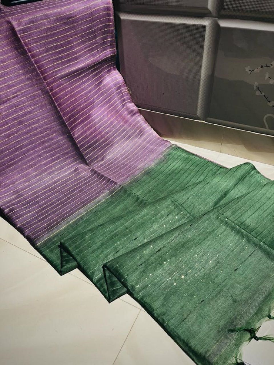 Splendid Purple Green Blend Zari Stripe Kota Silk Saree