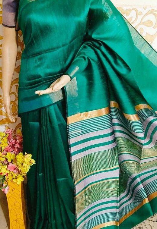 Splendid Teal Green Pure Tussar Dupion Raw Silk Handwoven Saree