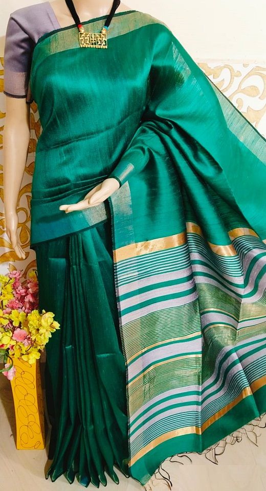 Splendid Teal Green Pure Tussar Dupion Raw Silk Handwoven Saree