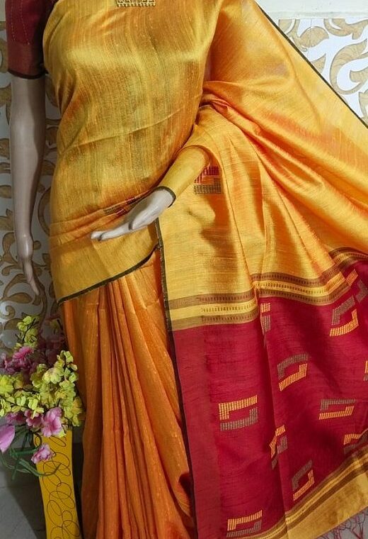 Striking Yellow Red Pure Tussar Dupion Raw Silk Handwoven Saree
