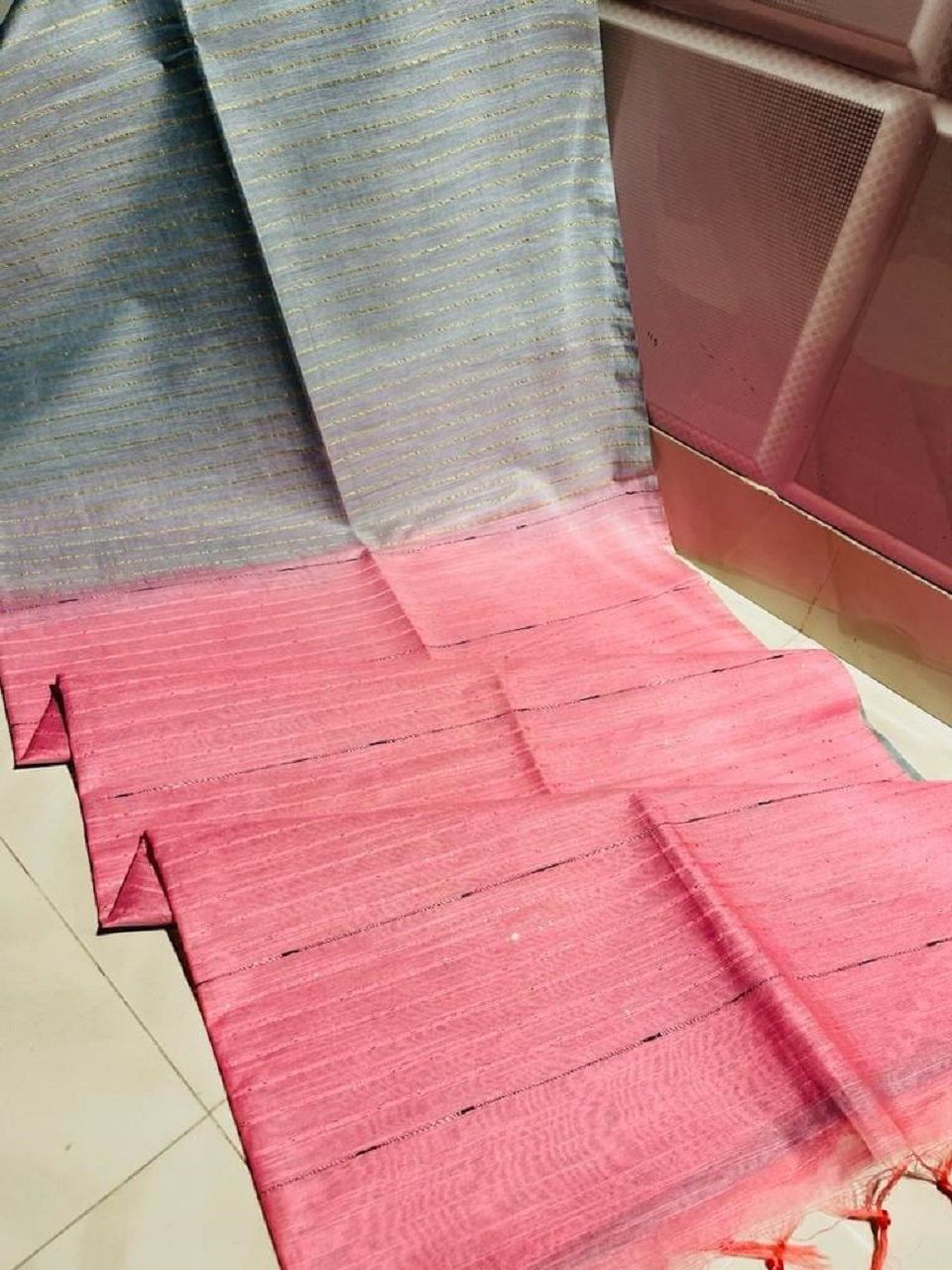 Unique Grey Peach Pink Blend Zari Stripe Kota Silk Saree