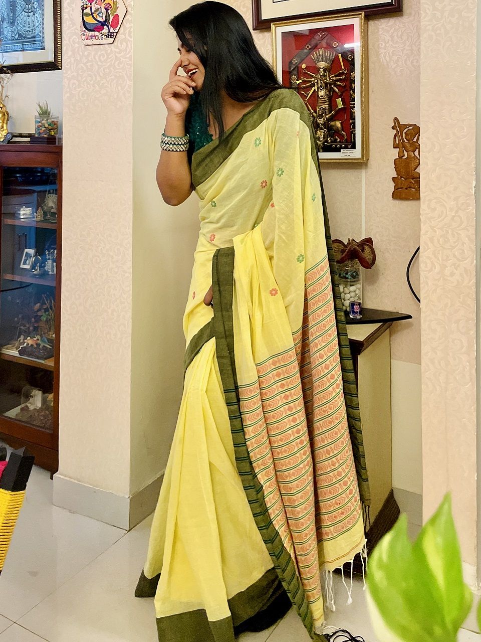 Awesome Yellow Cotton Handloom Saree With Intricately Woven Pallu