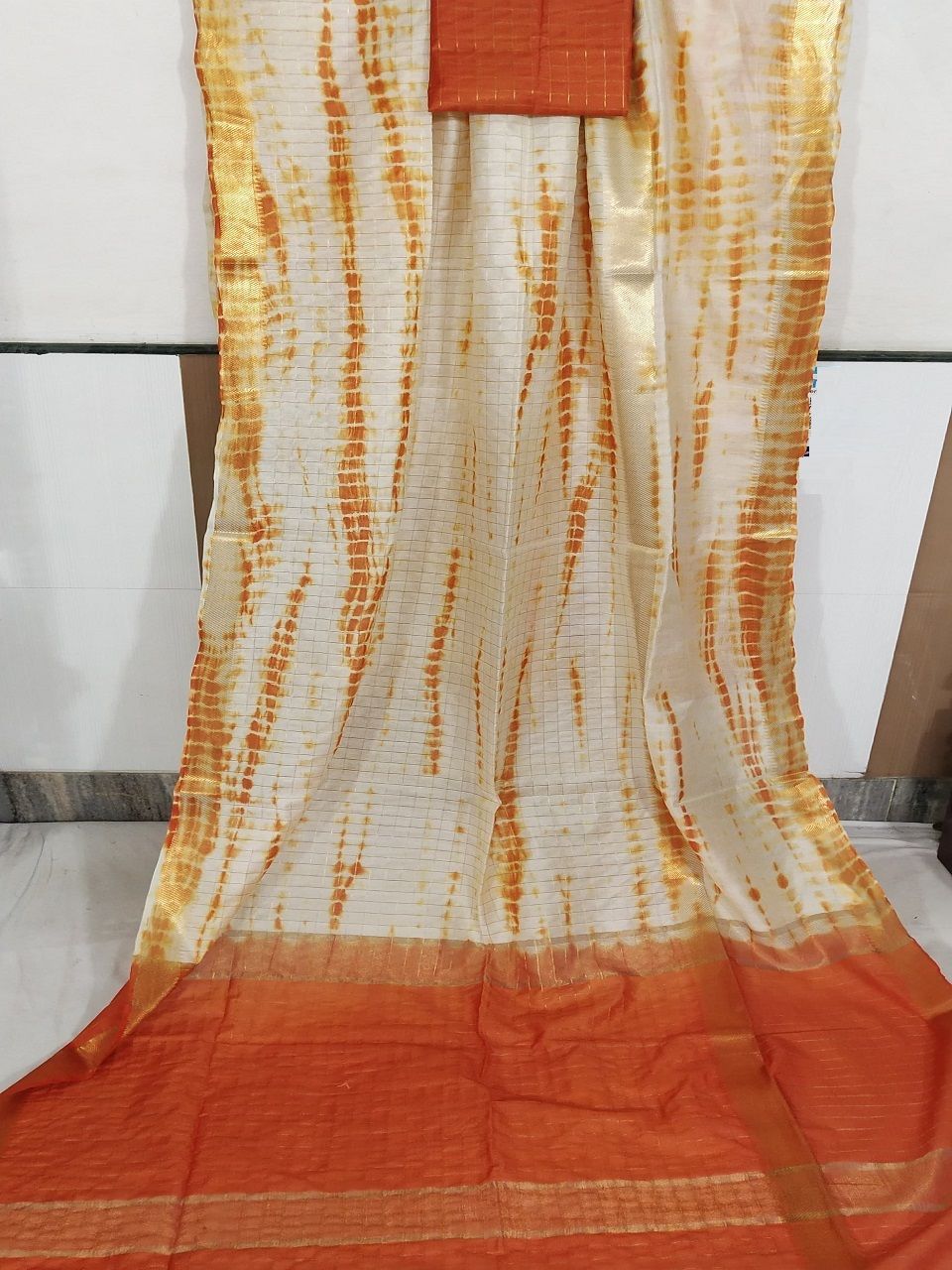 Beautiful Orange White Shibori Kota Silk Saree With Golden Zari Border