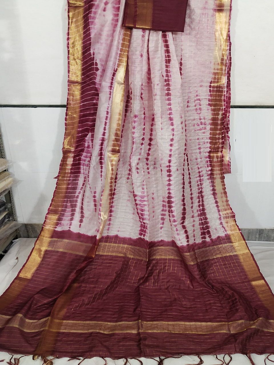 Classic Purple White Shibori Kota Silk Saree With Golden Zari Border