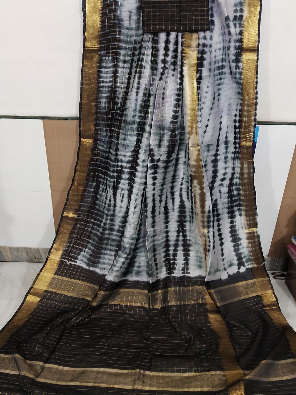 Dark Chocolate Brown White Shibori Kota Silk Saree With Golden Zari Border