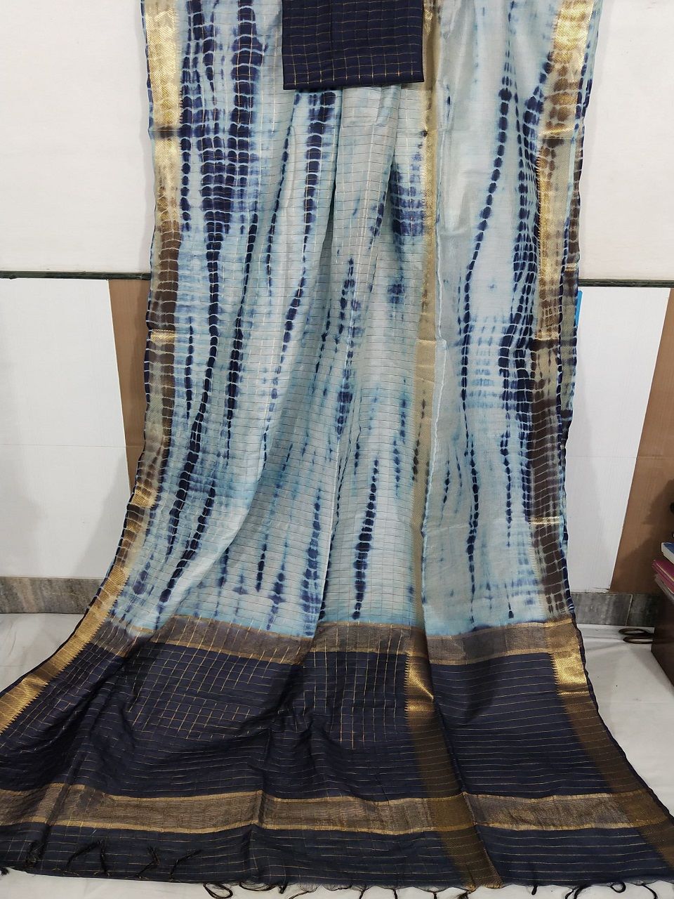 Deep Blue White Shibori Kota Silk Saree With Golden Zari Border