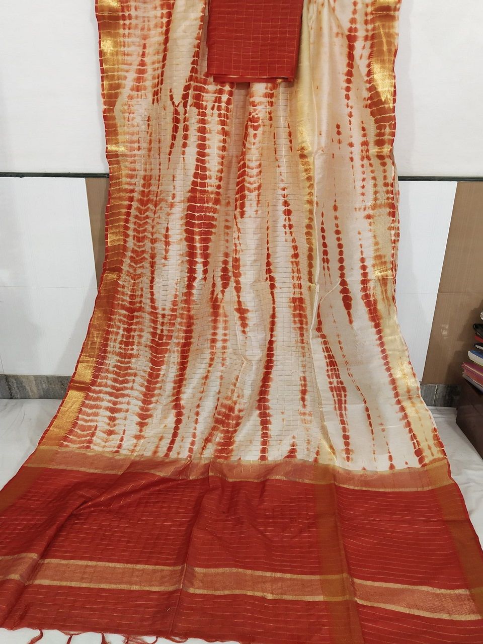 Lovely Red Cream Shibori Kota Silk Saree With Golden Zari Border