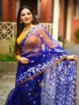 Magnificent Dark Blue Pure Resham Muslin Jamdani Saree