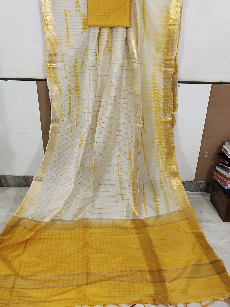 Tender White Yellow Shibori Kota Silk Saree With Golden Zari Border