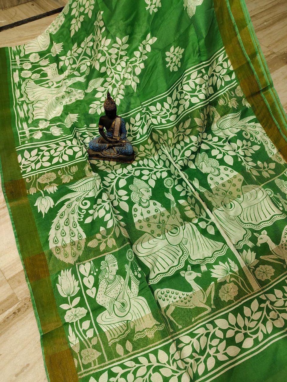 Artistic Green Kalamkari Printed Katan Cotton Silk Saree with Golden Border