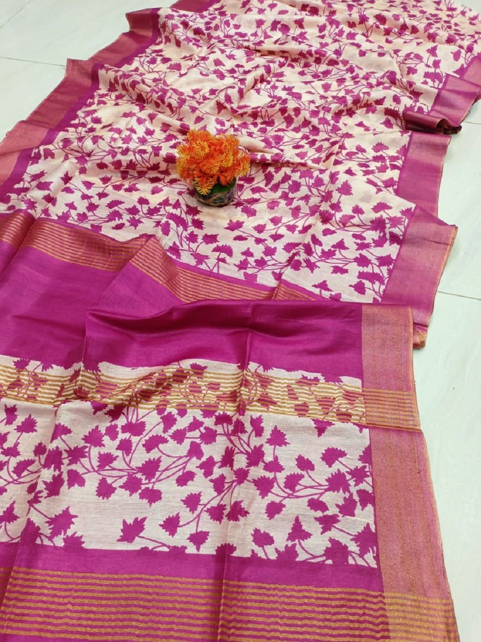 Awesome Pink Leafy Printed Katan Cotton Silk Saree with Golden Border