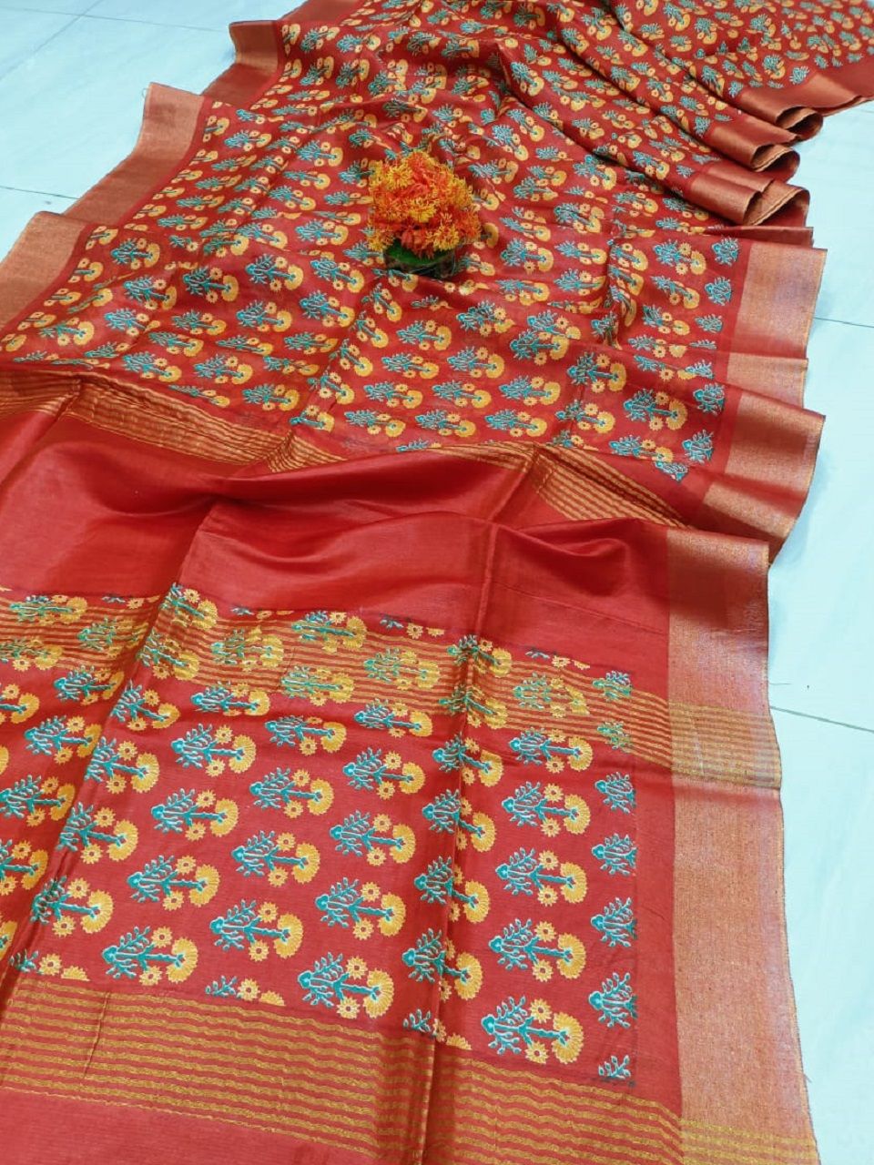 Beautiful Red Printed Katan Cotton Silk Saree with Golden Border