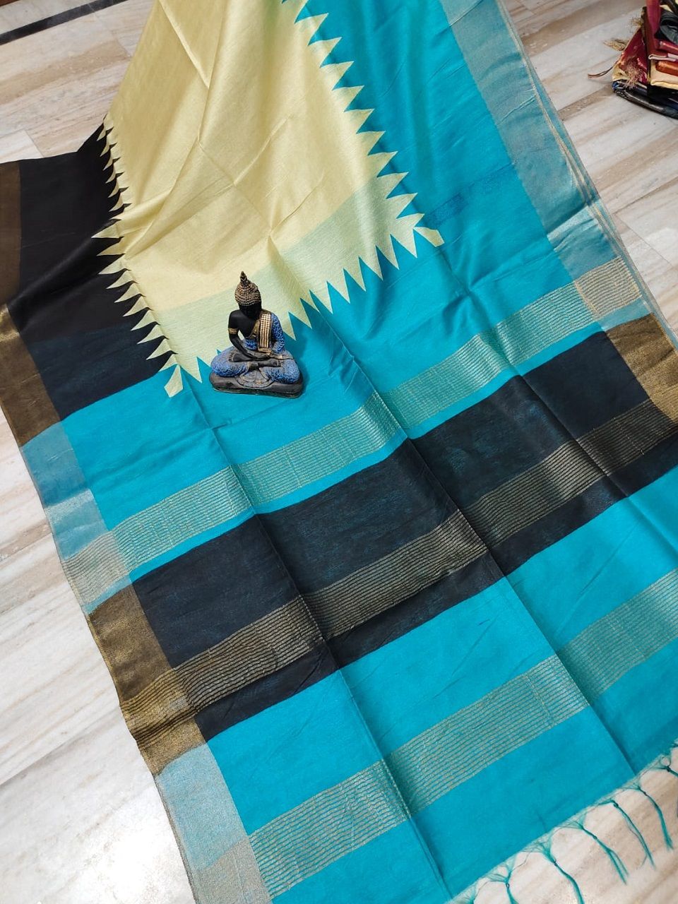 Blue Black Yellow Temple Border Printed Katan Cotton Silk Saree