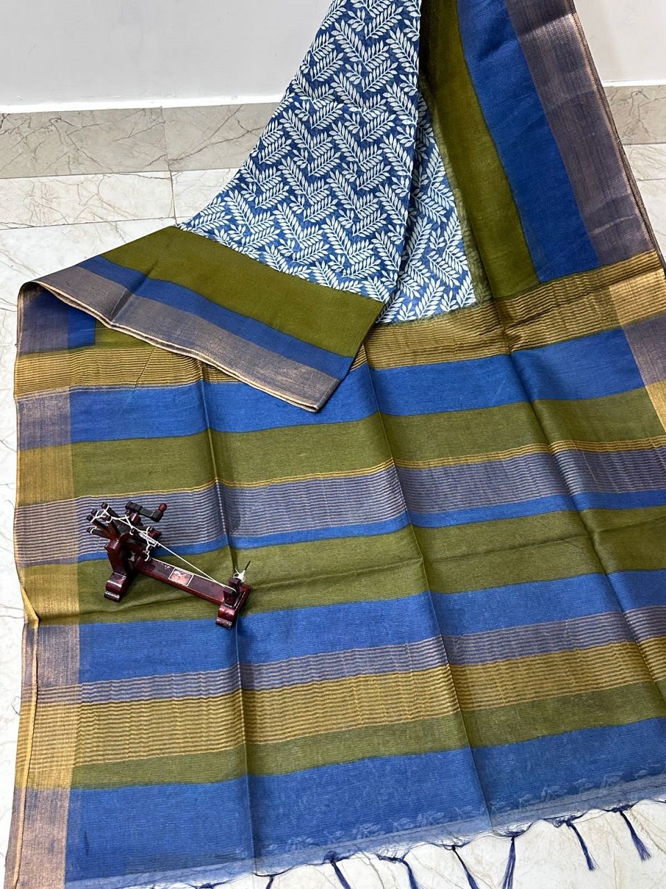 Captivating Blue Green Printed Katan Cotton Silk Saree With Borders