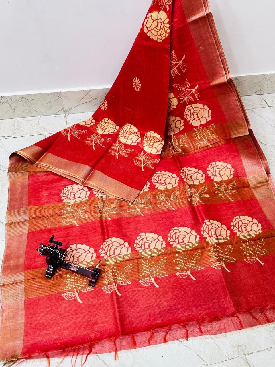 Charming Red Floral Printed Katan Cotton Silk Saree with Golden Border