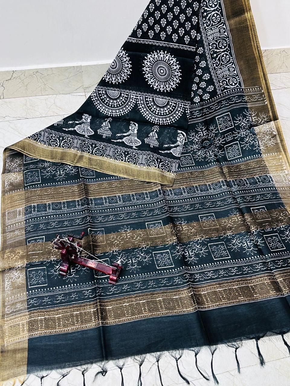 Deep Black Batik Printed Katan Cotton Silk Saree With Borders