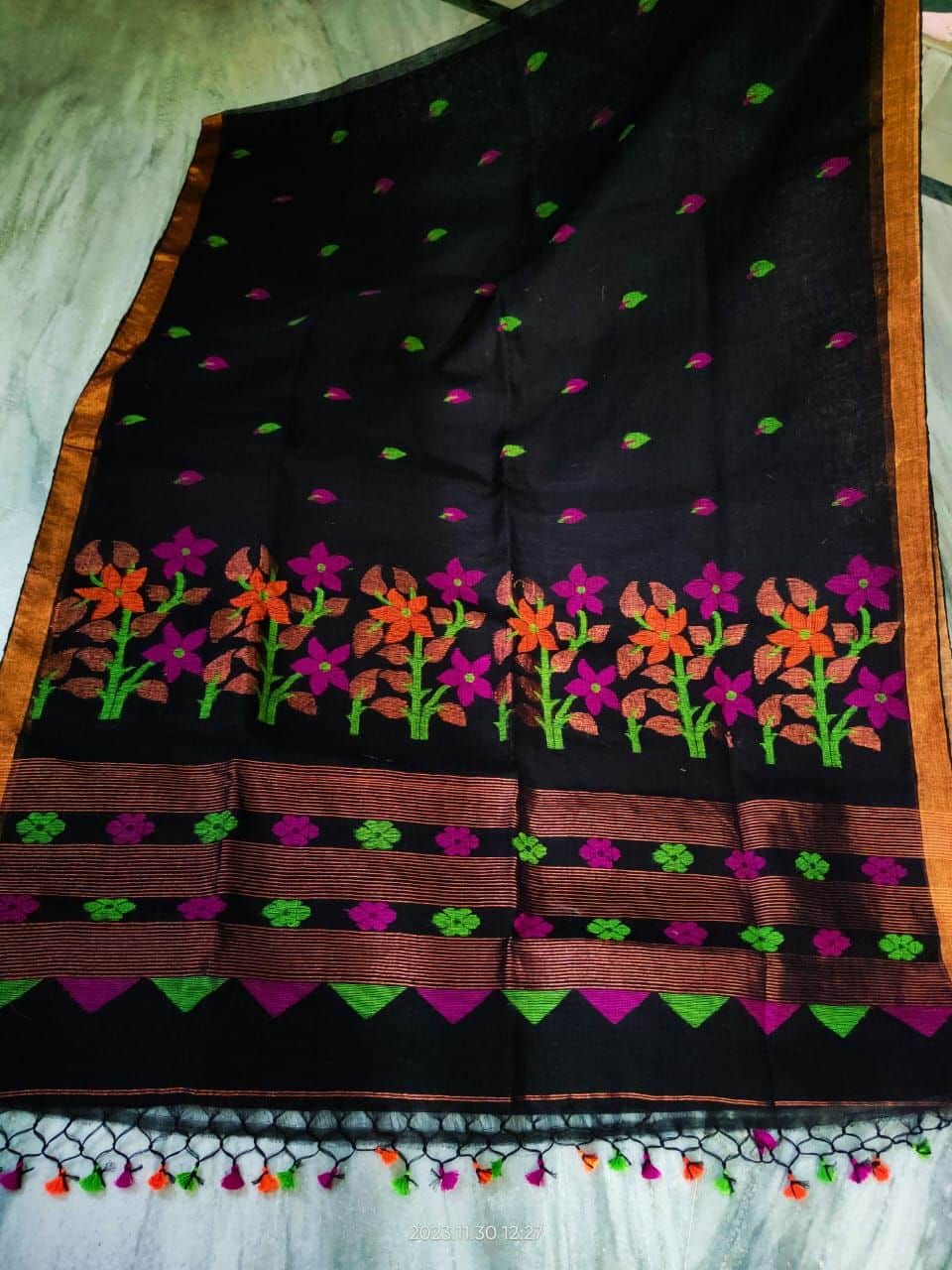 Deep Black Linen Handloom Jamdani Saree With Copper Tone Border