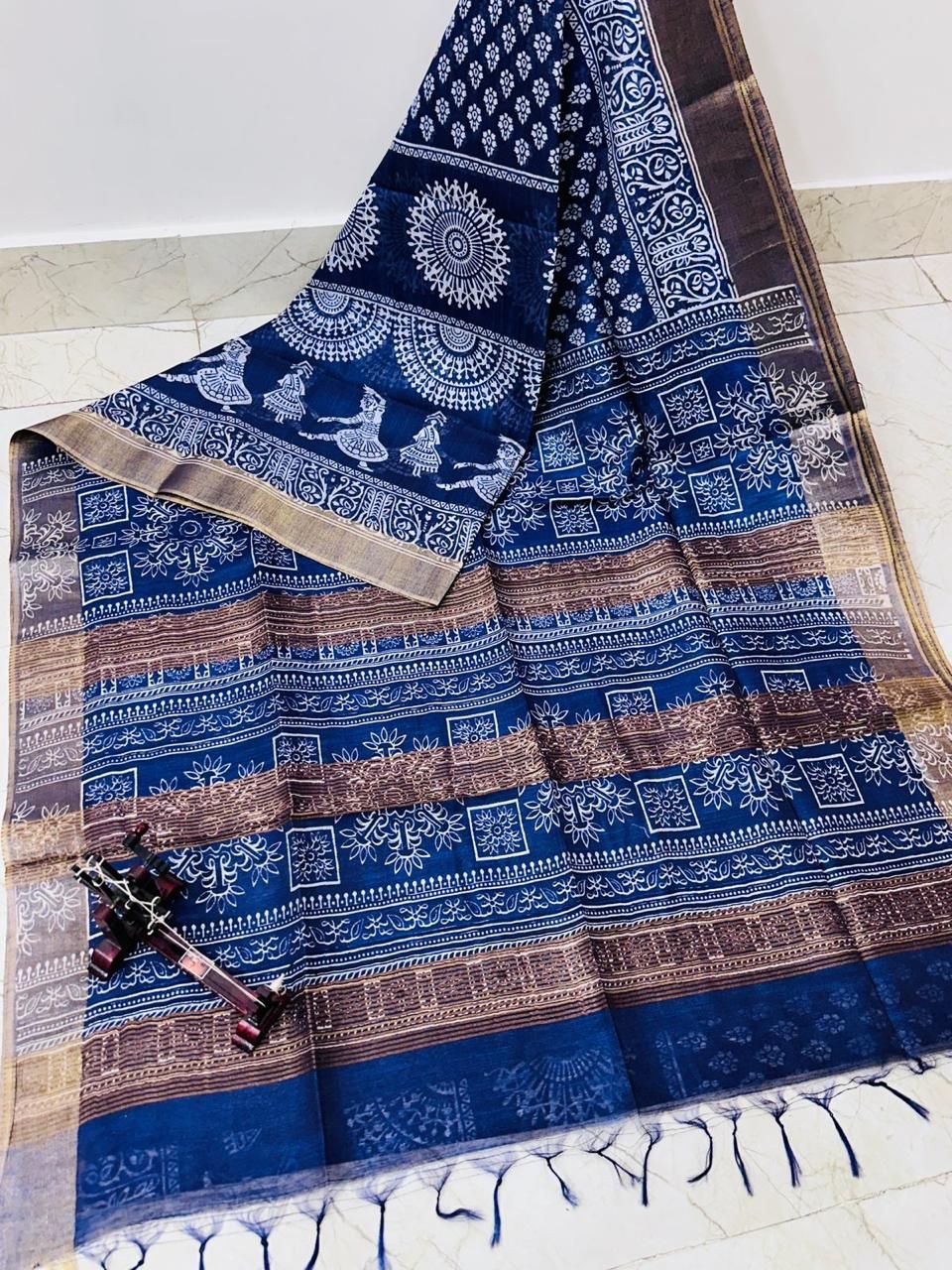 Deep Blue Batik Printed Katan Cotton Silk Saree With Borders