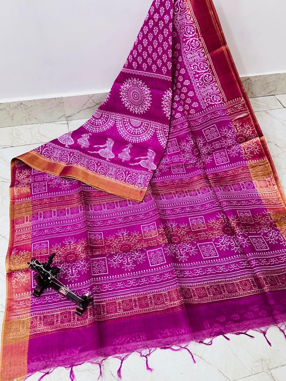 Deep Pink Batik Printed Katan Cotton Silk Saree With Borders