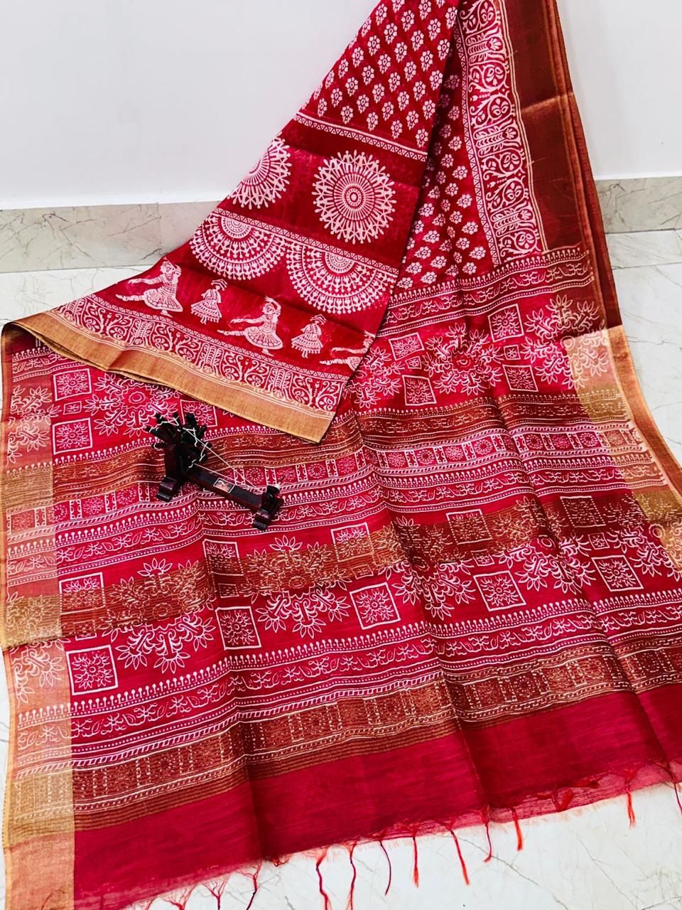 Deep Red Batik Printed Katan Cotton Silk Saree With Borders