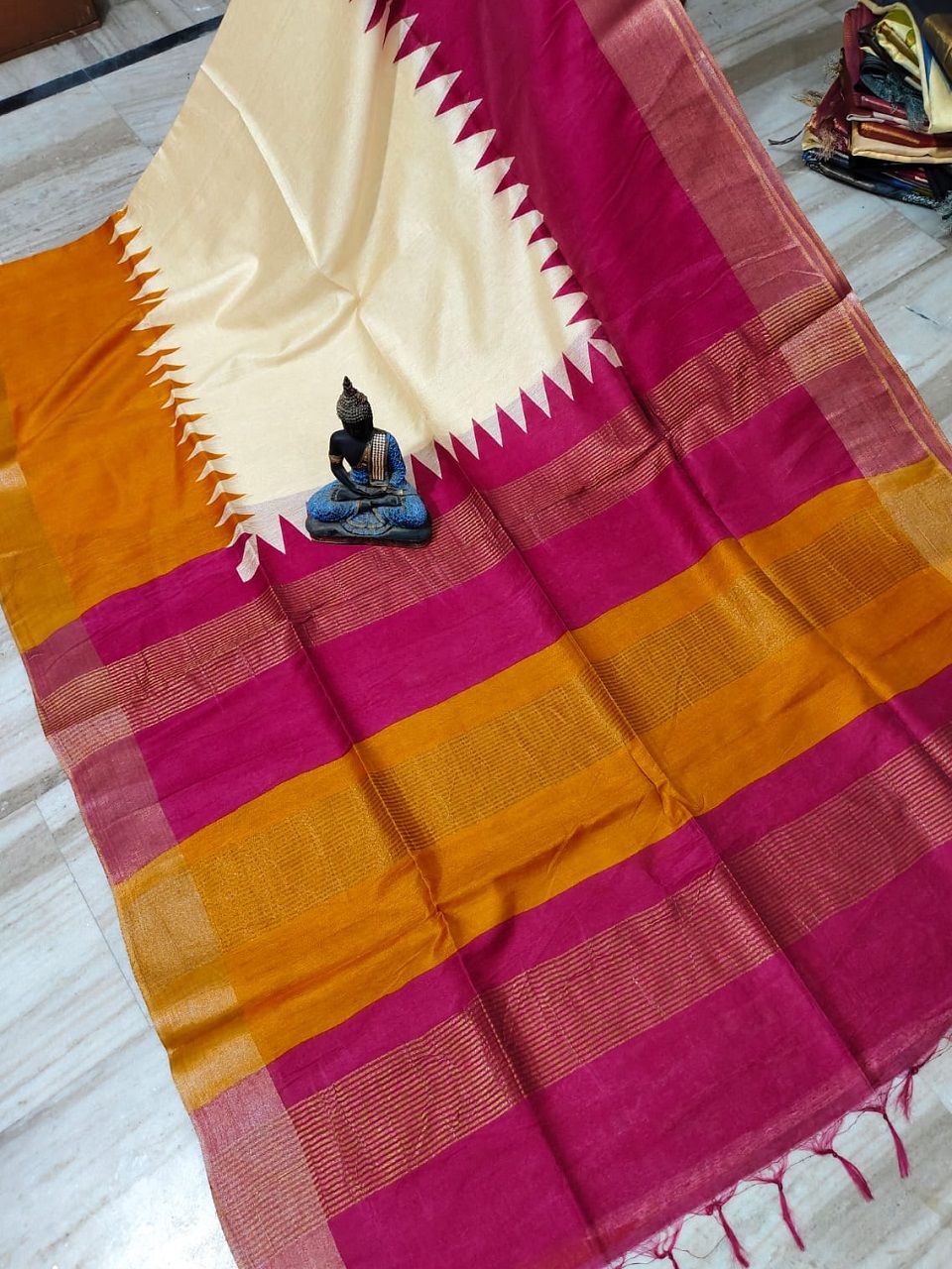 Delightful Pink Yellow Temple Border Printed Katan Cotton Silk Saree