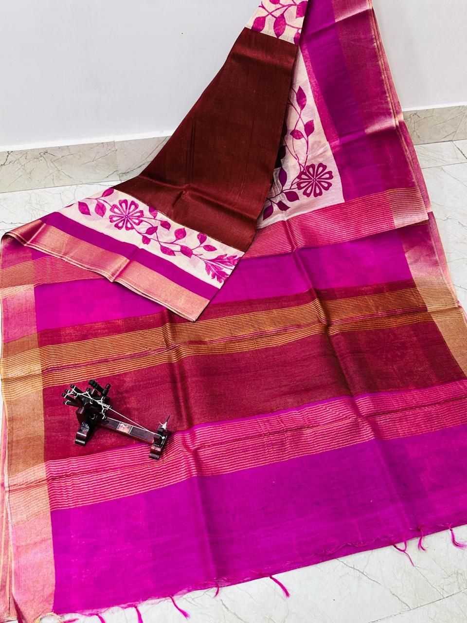 Elegant Maroon Pink Floral Printed Katan Cotton Silk Saree with Golden Border