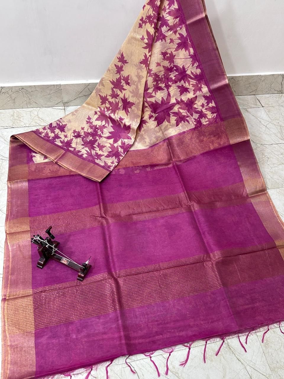 Enchanting Purple Maple Leaf Printed Katan Cotton Silk Saree