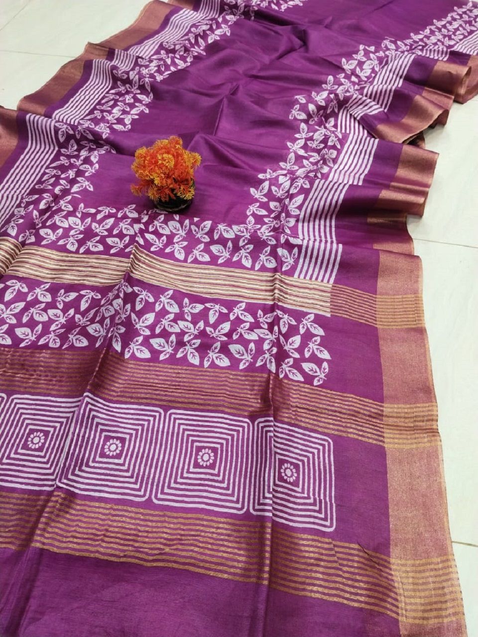 Glorious Pink Leafy Mandala Printed Katan Cotton Silk Saree with Golden Border