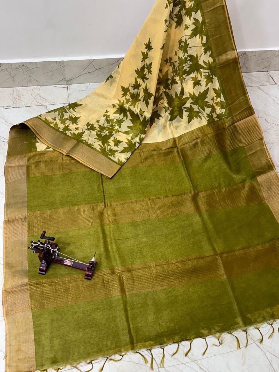 Gorgeous Green Maple Leaf Printed Katan Cotton Silk Saree