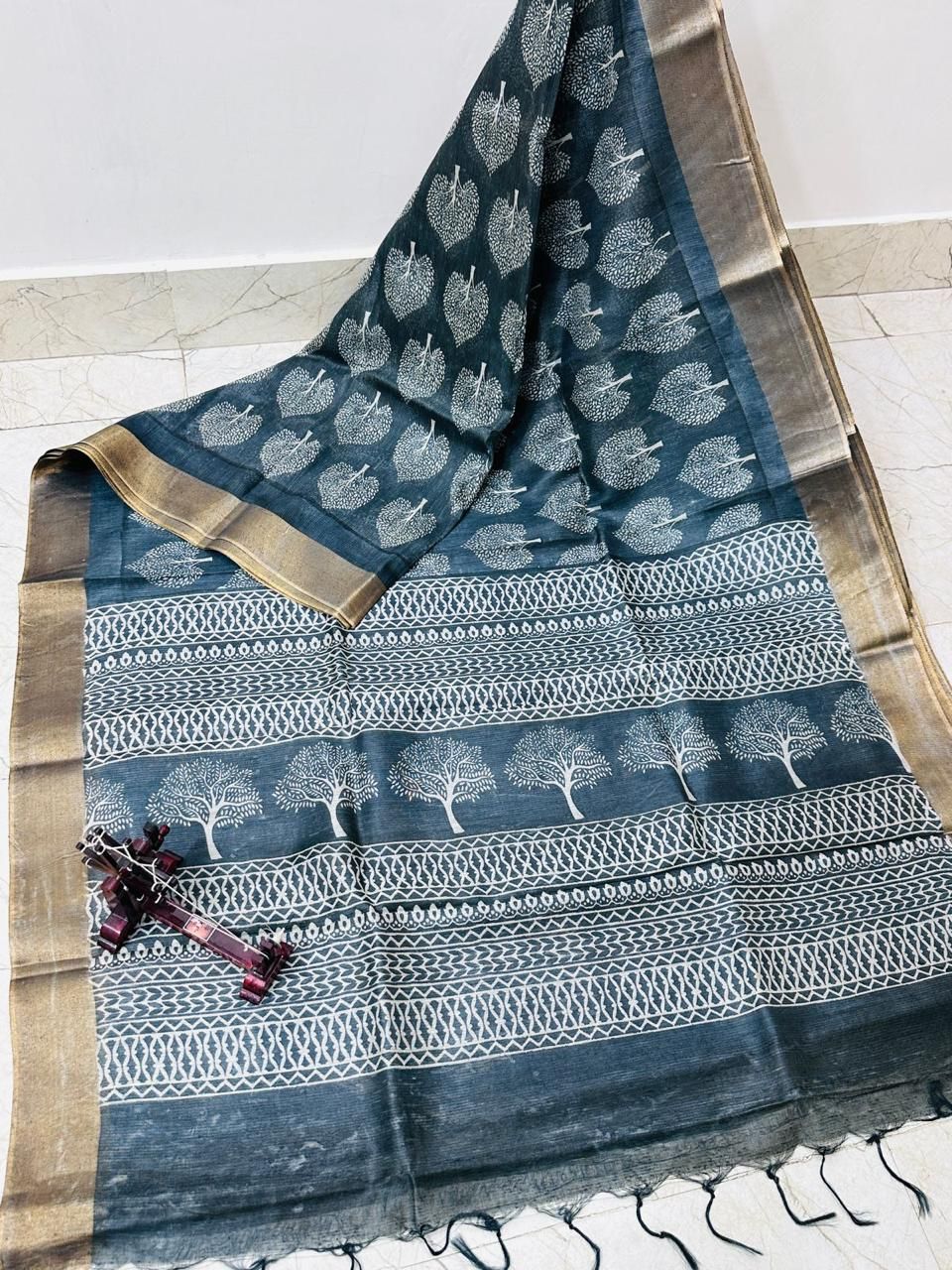 Grey Batik Printed Katan Cotton Silk Saree With Borders