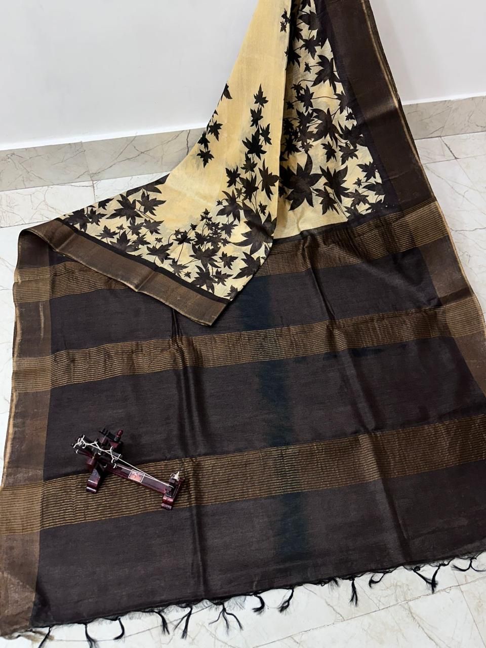 Magnificent Black Maple Leaf Printed Katan Cotton Silk Saree