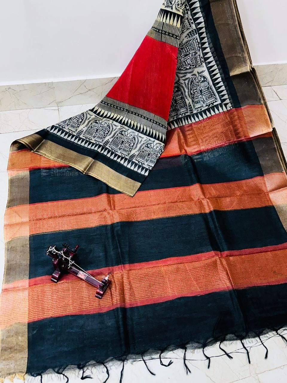 Majestic Red Black Printed Katan Cotton Silk Saree with Golden Border