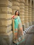 Mesmerizing Turquoise Green Resham Muslin Silk Banarasi Design Saree