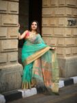 Mesmerizing Turquoise Green Resham Muslin Silk Banarasi Design Saree