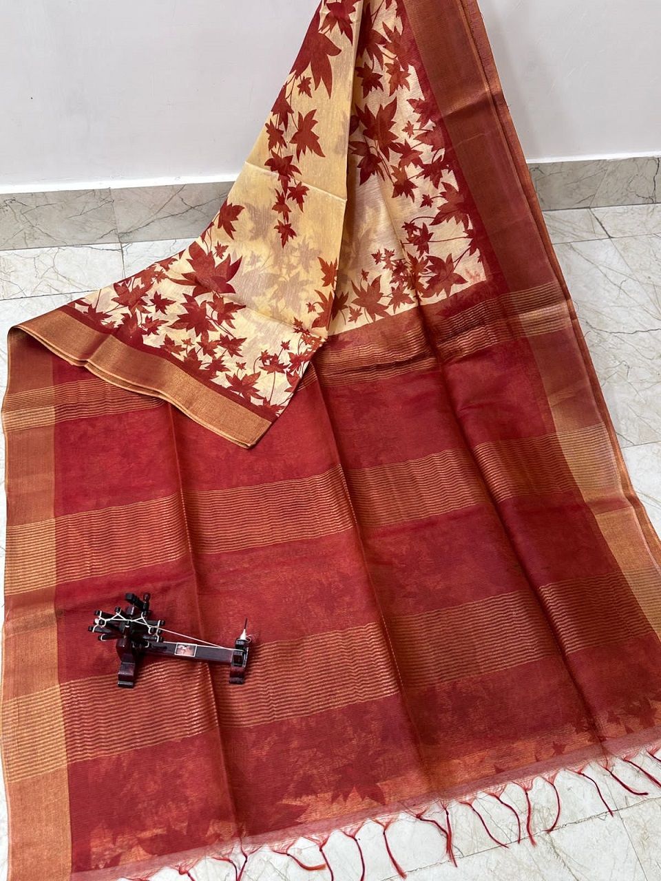 Mesmerizing Yellow Red Maple Leaf Printed Katan Cotton Silk Saree